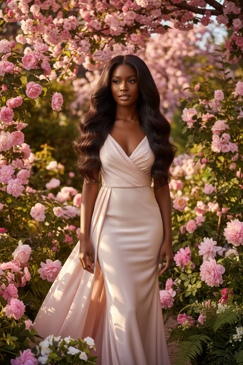 Model with loose wave hair bundles in a lush garden setting, editorial lifestyle photo